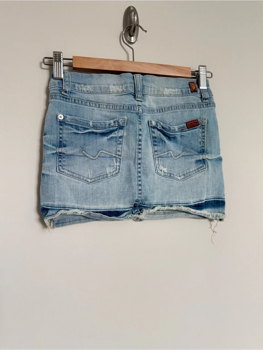 7 For All Mankind Light Wash Denim Mini Skirt Size 10 | Distressed Y2K Low Rise